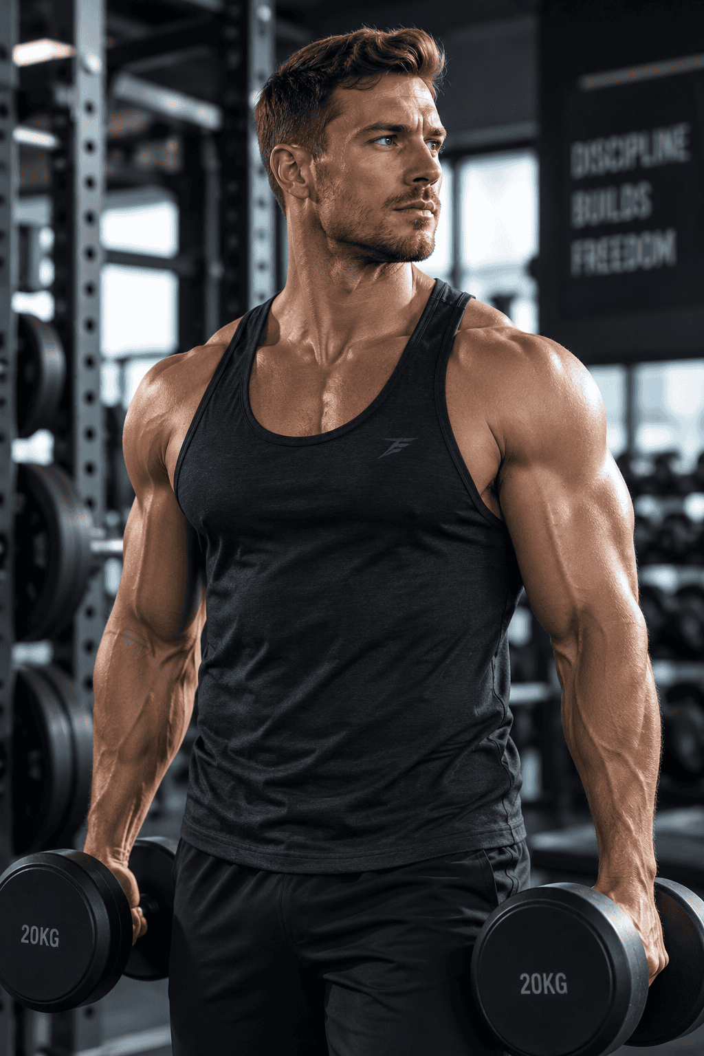 Muscular man training with dumbbells in a gym