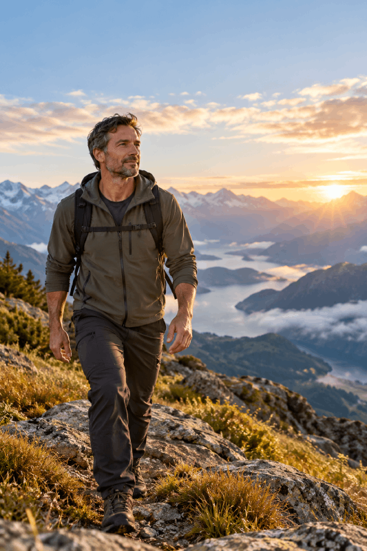 Hiker walking through mountains at sunrise, representing everyday wellbeing